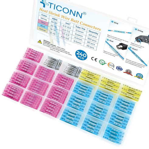 TICONN 240 PCS Heat Shrink Butt Connectors Kit, AWG 24 – 10 4 Sizes Butt Splice, Insulated Waterproof Electrical Marine Automotive Wire Crimp Term...
