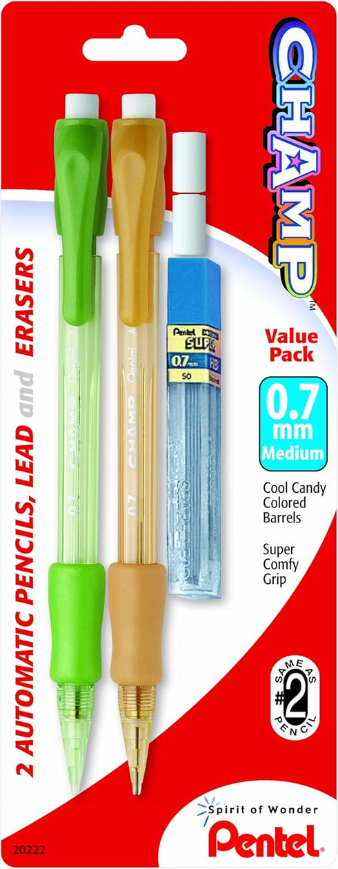 Pentel Champ Automatic Pencil with Lead and 2 Erasers, 0.7mm, Assorted Barrels, 2 Pack (AL17LEBP2)...