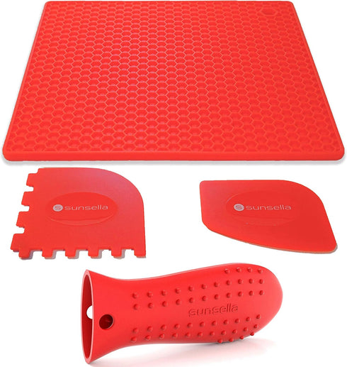 Silicone Cast Iron Potholder Set - Hot Handle Holder with 2 x Pan Scrapers & Silicone Hot Pad...