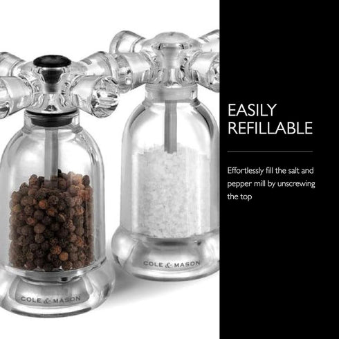 COLE & MASON Tap Salt and Pepper Grinder Set - Acrylic Mills Include Precision Mechanisms and Premium Sea Salt and Peppercorns...