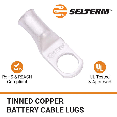 SELTERM 10pcs 4 AWG-3/8" Stud Tinned Copper Wire Lugs, Heavy Duty Battery Cable Ends,4 Guage Ring Terminals, UL Battery Lugs Marine Grade Copper E...