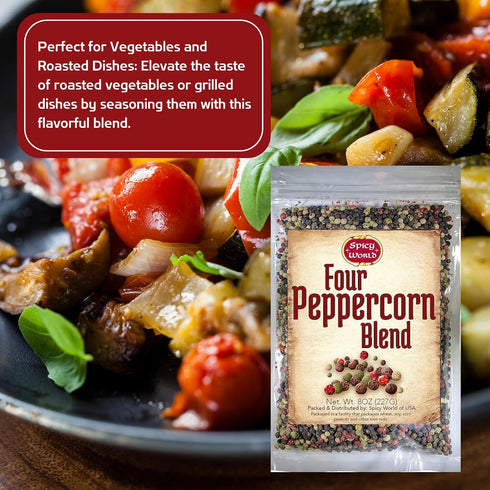 Spicy World Four Peppercorn Rainbow Blend in Resealable Bag – Perfect Flavor Blend - NON-GMO, Steam Sterilized - Whole Black, Whole Green, Whole W...