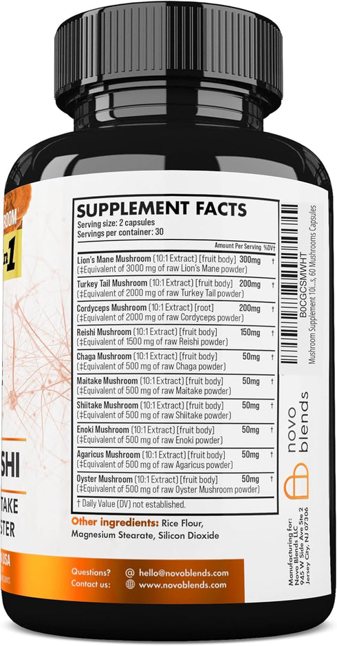 Mushroom Supplement 10x Complex - Lions Mane, Turkey Tail, Cordyceps, Reishi, Chaga, Maitake, Shiitake, Oyster Extract Mushrooms - Nootropic Brain...