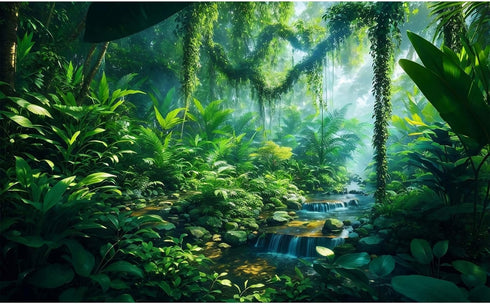 Aquarium Background Fantasy Jungle Plants Waterfall Background Tropical Rainforest Terrarium Background Stream Sunlight Green Leaves Reptile Habit...