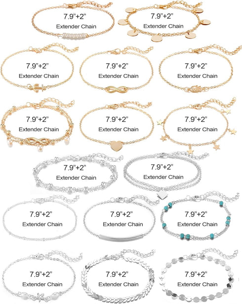Softones 16Pcs Ankle Bracelets for Women Gold Silver Two Style Chain Beach Anklet Bracelet Jewelry Anklet Set,Adjustable Size...
