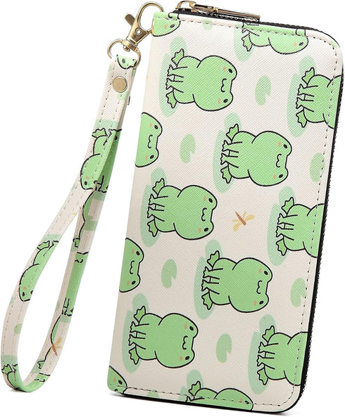 Frog Print Wallet For Women Kawaii Purse Cluth Wristlet Strap Zip Around Card Holder (Frog)...