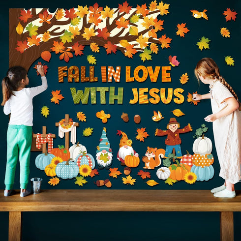 Zonon Fall Classroom Bulletin Board Decorations Christian Fall Love with Jesus Bulletin Board Set Religious Tree Maple Leaf Pumpkin Harvest Cutout...