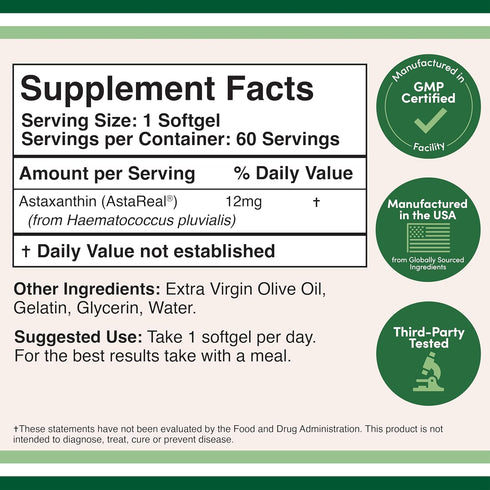Astaxanthin 12mg Max Strength (AstaReal: Natural Patented Astaxanthin with 70+ Human Clinical Trials - World's Most Studied Brand) Grown, Harveste...