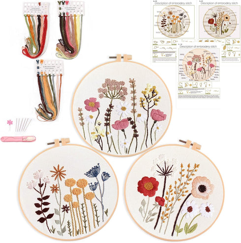 Harimau 3 Pack Embroidery Kit for Beginners , Floral Plant Pattern,Cross Stitch Kits Set , Including Stamped Embroidery Cloth with 3 Embroidery Ho...
