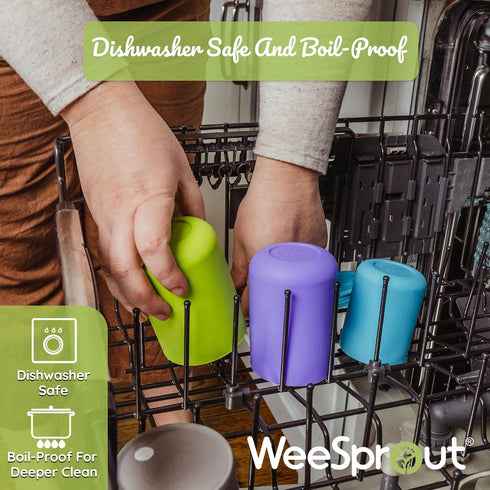 WeeSprout Silicone Baby Cups With Straws and Lids, 4 & 8 oz Options, Set of 2, Food Grade Toddler Training Container, Built In Straw Stoppers, Mea...