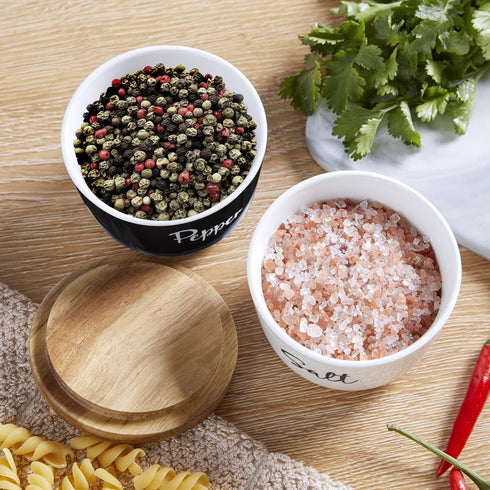 Salt and Pepper Bowls, 10 oz Salt Cellar with Lid, Stacked Ceramic Salt Pepper Container with Acacia Wood Lid, Salt Box for Countertop, Black and ...