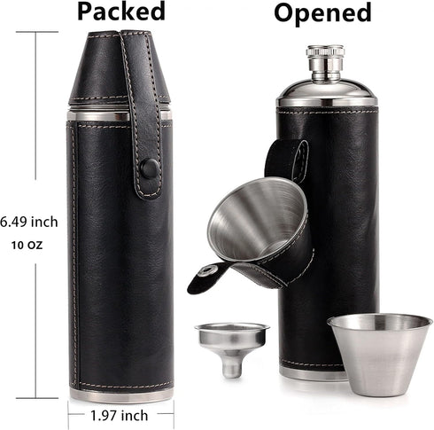 GENNISSY 10oz Black Bucket Hip Flask - PU Leather Stainless Steel Men Flasks for Liquor with Funnel and Cups...
