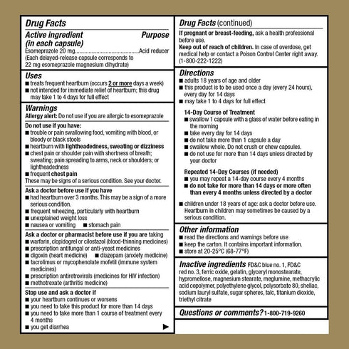 Esomeprazole Magnesium Delayed Release Capsules 20 mg, Proton Pump Inhibitor (PPI) for 24 Hour Frequent Heartburn Treatment, 42 Count...