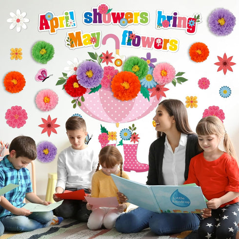 ojustbeok April Showers Bring May Flowers Bulletin Board Decorations Spring Cutouts with 3D Tissue Paper Pompoms Spring Bulletin Board Spring Flow...