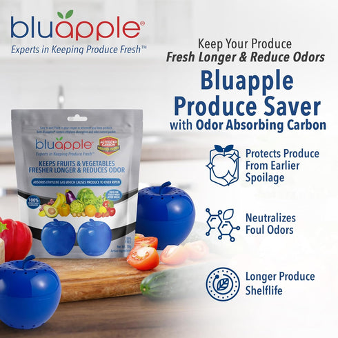 Bluapple Produce Saver with Activated Carbon - Ethylene Gas Absorber, Keep Fruits & Vegetables Fresh Longer, Minimize Food Waste, Refrigerator Odo...