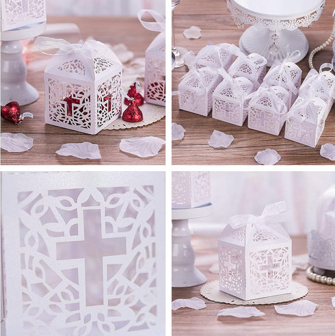 VIVIQUEN Baptism Favor Boxes, Laser Cut Cross Favor Boxes with 50 Ribbons for Baby Shower, Christening, Bomboniere Wedding Party Decorations (Pure...