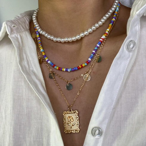 Boho Layered Pearl Turquoise Necklace Colorful Bead Chain Sequins Pendent Beach Choker Necklace Glitter Bohemia Tassel Necklace for Women...