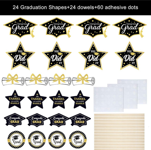 Black and Gold Graduation Decorations Set of 24 Class of 2025 Table Decor Congrats Grad Party Centerpiece Sticks Table Toppers Graduation Party Su...