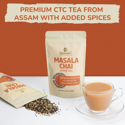 BREWIX, Masala Chai Tea Loose Leaf CTC TEA (50+ Cups, 3.53oz/100g) Strong Robust & Aromatic, All Natural | Blended with Exotic Spices | Ginger, Ci...