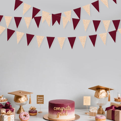 Burgundy Party Decorations Maroon Champagne Gold Triangle Banner Flag Bunting Pennant for Birthday Engagement Wedding Bridal Shower Baby Shower An...