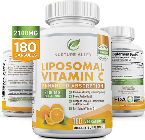 Liposomal Vitamin C 2100mg- 180 Capsules High Absorption Ascorbic Acid - Supports Immune System and Collagen Booster - Powerful Antioxidant High D...