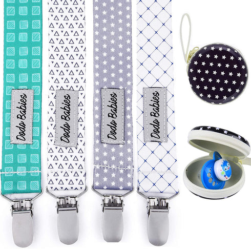 Dodo Babies Pacifier Clip Set - Four Clips Plus Binky Case – Universal Holder Fits Most Paci Brands, Teether Toys and Car Seats – Blue and Teal Pr...