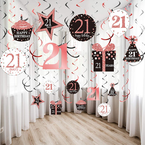 Blulu 21st Birthday Party Decorations, 21st Birthday Banners Rose Gold Hanging Swirls Ceiling Decorations Shiny Foil Swirls for Party Supplies 30 ...