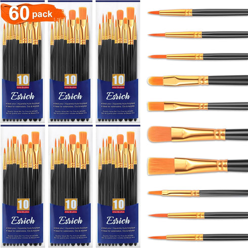 ESRICH Acrylic Brush Set, 6Packs/ 60Pcs Nylon Hair Miniature Brush Paint Brushes, for Acrylic Painting, Face, Body and Oil Watercolor Painting Art...