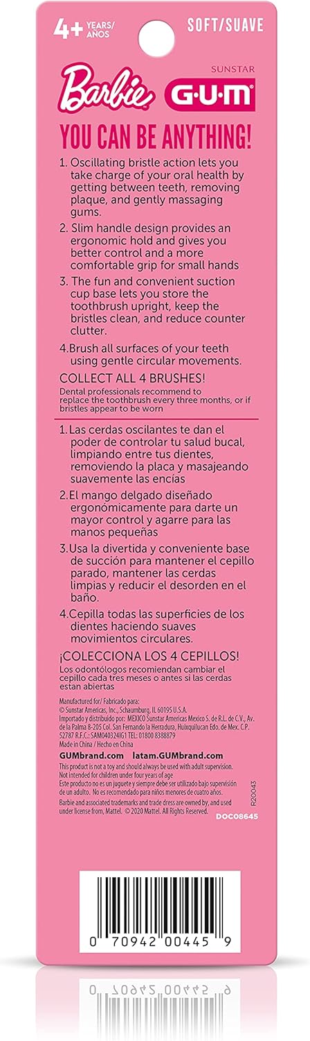 GUM Barbie Kids Battery Power Electric Toothbrush with Suction Cup Base for Home or Travel Oral Health and Dental Plaque Removal, Ages 3+, 1ct(4Pk...