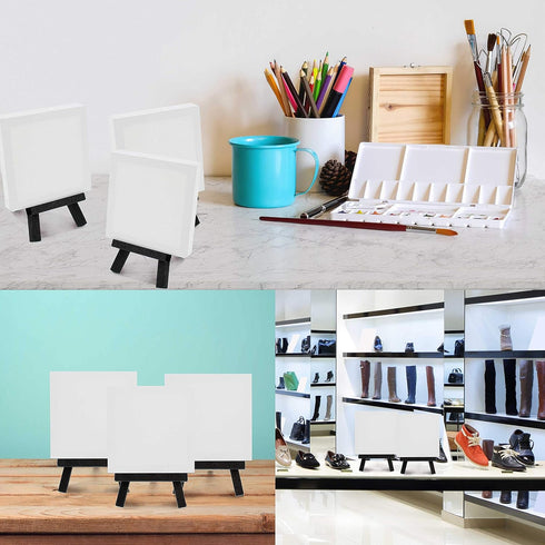U.S. Art Supply 3" x 3" Stretched Canvas with 5" Mini Black Wood Display Easel Kit (Pack of 12), Artist Tripod Tabletop Holder Stand - Painting Pa...