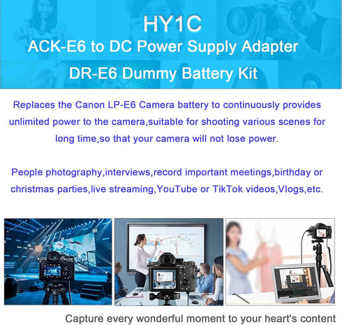ACK-E6 AC Power Adapter LP-E6/LPE6N/LPE6NH Dummy Battery Kit for Canon EOS R, R5, R6, R7, 5D Mark III IV, 6D, 7D, R6 5D 6D 7D Mark II, 90D 80D 70D...