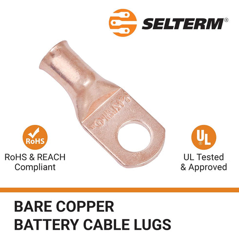 SELTERM 10pcs 4 AWG - 5/16" Stud (Wide Pad) - Battery Lugs, Heavy Duty Wire Lugs, Ring Terminals, Battery Cable Ends,4 Guage Terminals, UL Bare Co...