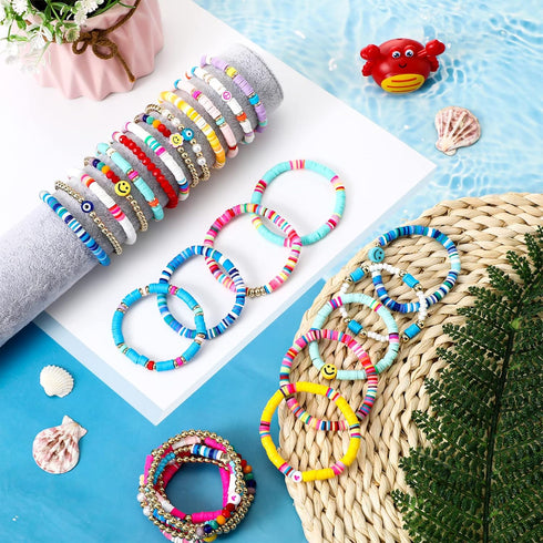 44 Pcs Heishi Preppy Bead Bracelets Colorful Clay Friendship Bracelet Y2K Stretch Beach Gold Bracelets for Women Girls...