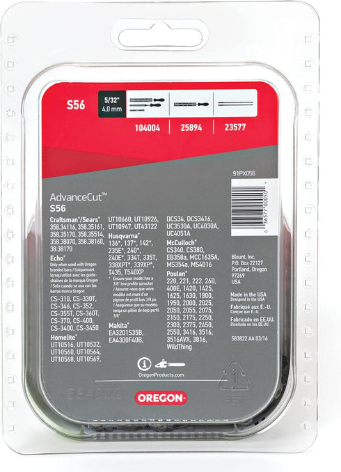 Oregon S56 AdvanceCut Chainsaw Chain for 16-Inch Bar, 56 Drive Links, Low-kickback chain, fits Makita, Echo, Husqvarna, Wen and more Grey...