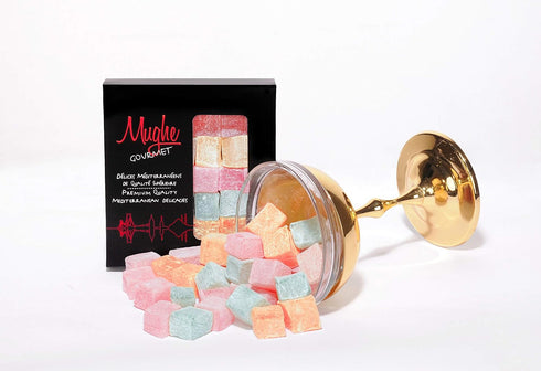 Mughe Gourmet Turkish Delight Candy Elegant Gift Box - 7oz/200g - Halal, Vegan Lokum Fruit Flavors Rose, Strawberry, Lemon, Orange, Mint - Gifts f...