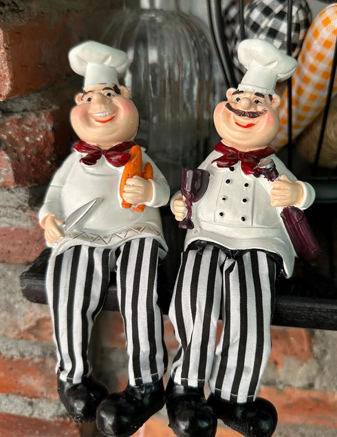 Set of 2 Home Kitchen Decor Chef Figurines Bread & Wine with Dangling Legs Shelf Sitters Figurine Statue for Kitchen Shelves, Cupboard, Countertop...