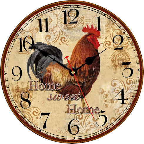 TAHEAT 14 Inch Rustic Rooster Wall Clock Retro Silent Non Ticking Easy to Read Clock, Battery Operated Decorative Wall Clocks for Kitchen/Living R...
