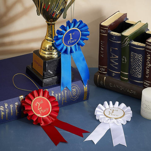Award Ribbon Rosette Set Satin Participation Ribbon Honorable Ribbon Badge Blue Red and White Prize Ribbons 1st 2nd 3rd Place Medals for Classroom...