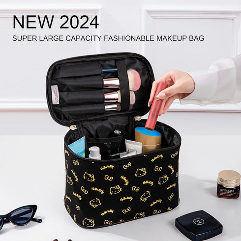 Large Cosmetic Bags Travel Makeup bag Brush Holder Zipper Organizer Storage Bag with Handle Brush for Women (Black-A)...