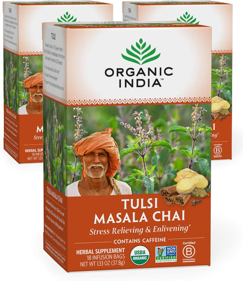 Organic India Tulsi Masala Chai Herbal Tea - Holy Basil, Stress Relieving & Enlivening, Immune Support, Vegan, USDA Certified Organic, Black Tea, ...