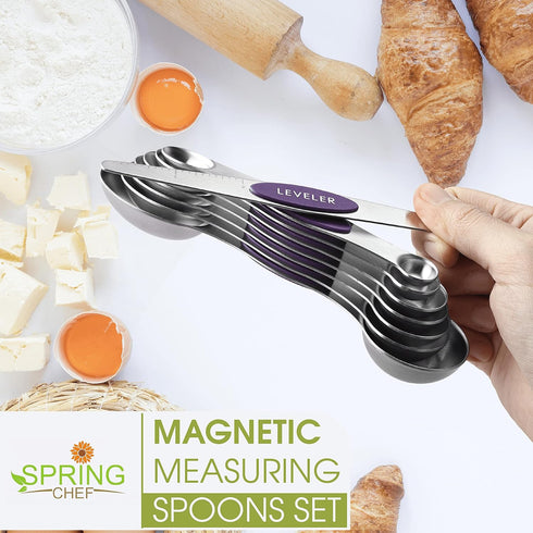 Spring Chef Purple Stainless Steel Magnetic Measuring Spoons Set of 8 with Leveler, Dual Sided Metal Teaspoon & Tablespoon Measuring Spoons, Kitch...