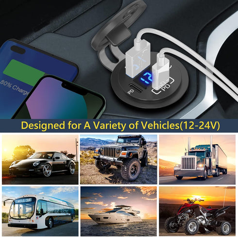 12V USB Outlet Qidoe USB C Car Charger Socket Dual PD 30W and 18W QC3.0 Port USB Car Socket with Voltmeter Button Switch Lengthened Waterproof USB...