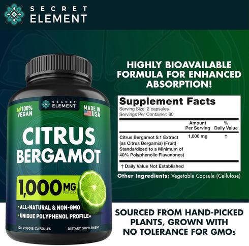 Citrus Bergamot Extract 1000mg - Citrus Bergamot Supplement for Heart, Immune System Support, and Healthy Aging - Pure, Vegan Bergamot Capsules...