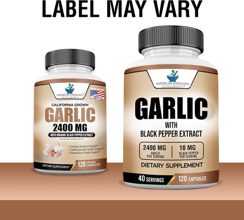 American Standard Supplements Garlic 2400mg Per Serving with Black Pepper Fruit Extract – Vegan, Gluten Free, Non-GMO, 120 Capsules, 40 Servings...