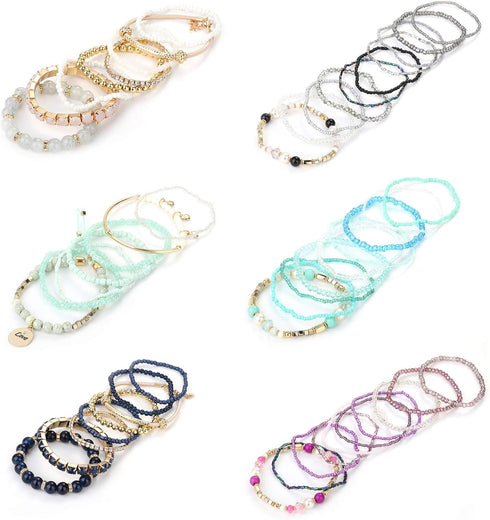 LOYALLOOK 6 Sets Bohemian Stackable Bead Bracelets for Women Stretch Bohemian Style Stretch Multilayered Boho Bracelet Set...