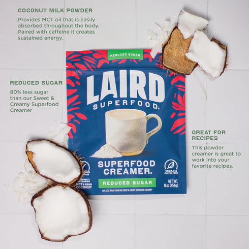Laird Superfood Non-Dairy Reduced Sugar Superfood Coconut Powder Coffee Creamer, Keto, No Sugar Added, Gluten Free, Non-GMO, Vegan, 8 oz. Bag, Pac...