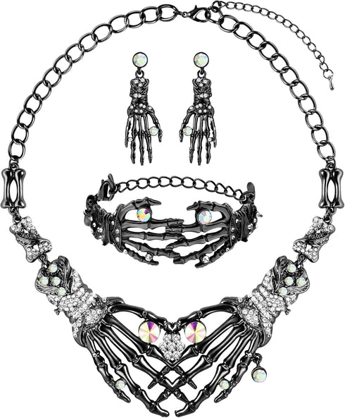 Miraculous Garden 3 Pack Halloween Gothic Skull Skeleton Collar Choker Necklace Link Bracelet and Drop Earrings Jewelry Set for Women...