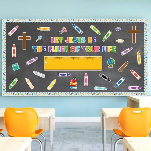 Back to School Religious Bulletin Board - 107Pcs Let Jesus Be The Ruler of Your Life Christian Bulletin Board Classroom Decoration Crayon Cutouts ...