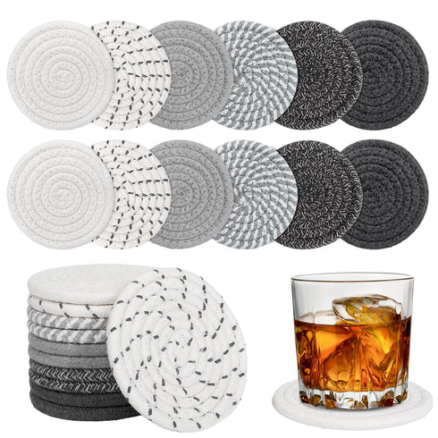 12 Pcs Absorbent Drink Coasters, 6 Styles Handmade BOHO Woven Coasters for Coffee Table, Heat Resistant Cotton Coasters for Coffee Table, Kitchen,...
