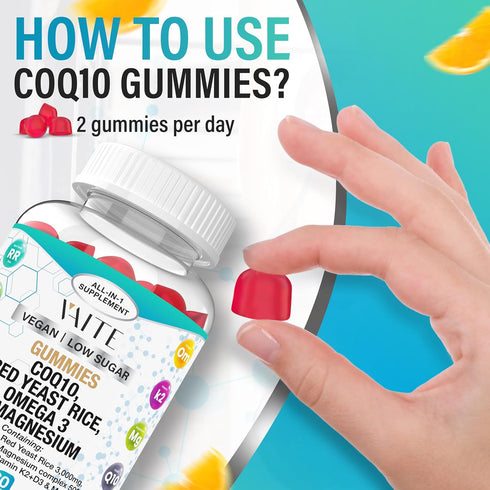 Coq10 Gummies Red Yeast Rice Magnesium Gummy Supplements Omega 3 Niacin Zinc Vitamin K2 D3 B3 - Heart Health Support Vitamins for Women and Men, A...